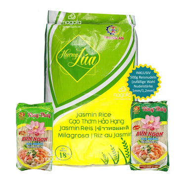 SET Reis+Nudeln: Langkorn Jasminreis Huong Lua mit 500g Reisnudeln zum Probierpreis