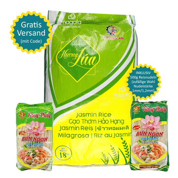 SET Reis+Nudeln: Langkorn Jasminreis Huong Lua mit 500g Reisnudeln zum Probierpreis - inklusiv Versand