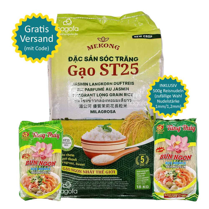 SET Reis+Nudeln: ST25 Premium Jasmin Duftreis 18kg mit 500g Reisnudeln zum Probierpreis inkl. Versand