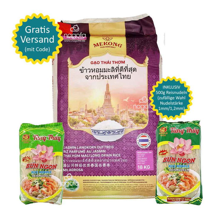 SET Reis+Nudeln: Thai Hom Mali Premium Jasmin Duftreis mit 500g Reisnudeln zum Probierpreis inkl. Versand