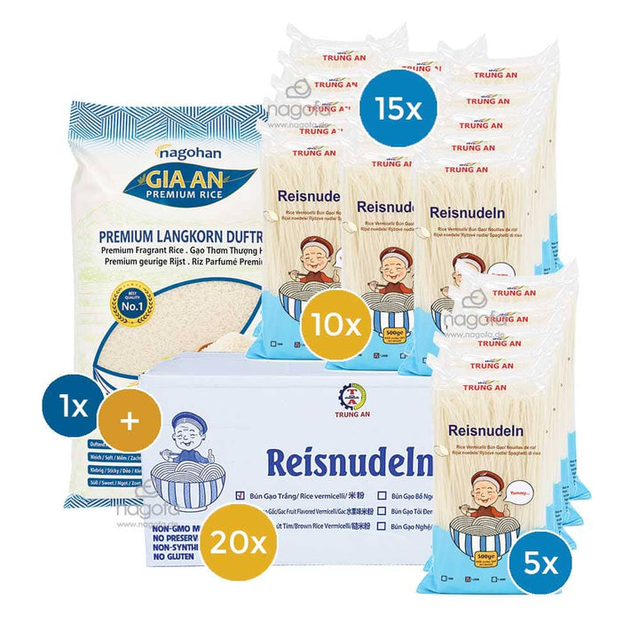 COMBO7 - NUDELN VORRAT: 9kg Gia An Reis und 5x bis 20x Reisnudeln Trung An 1,2mm