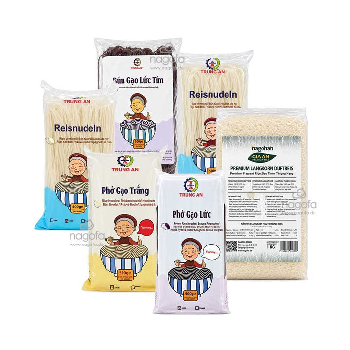 PROBIERSET mit Glückzahl 6: 1kg Gia An Reis + 5 versch. Sorten von Trung An Reisnudeln
