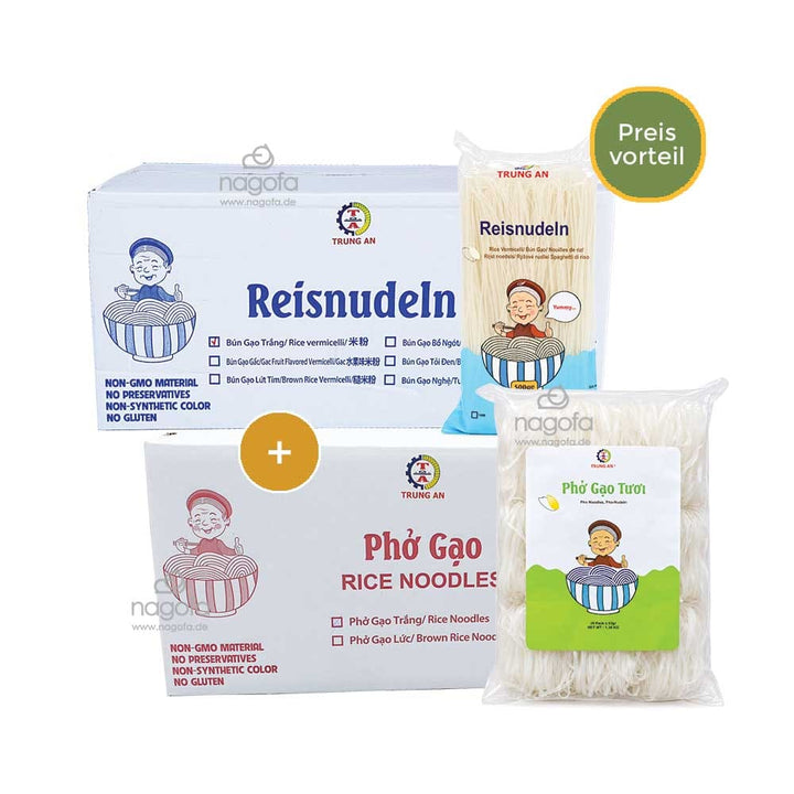 COMBO6 - MIX 2x Kartons Reisnudeln 1,2mm und Pho tuoi Bandnudeln Trung An 3mm
