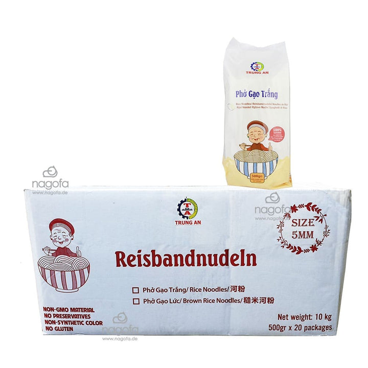 Karton Reisbandnudeln Trung An 5mm - 20x500g Phở gạo trắng sợi vừa